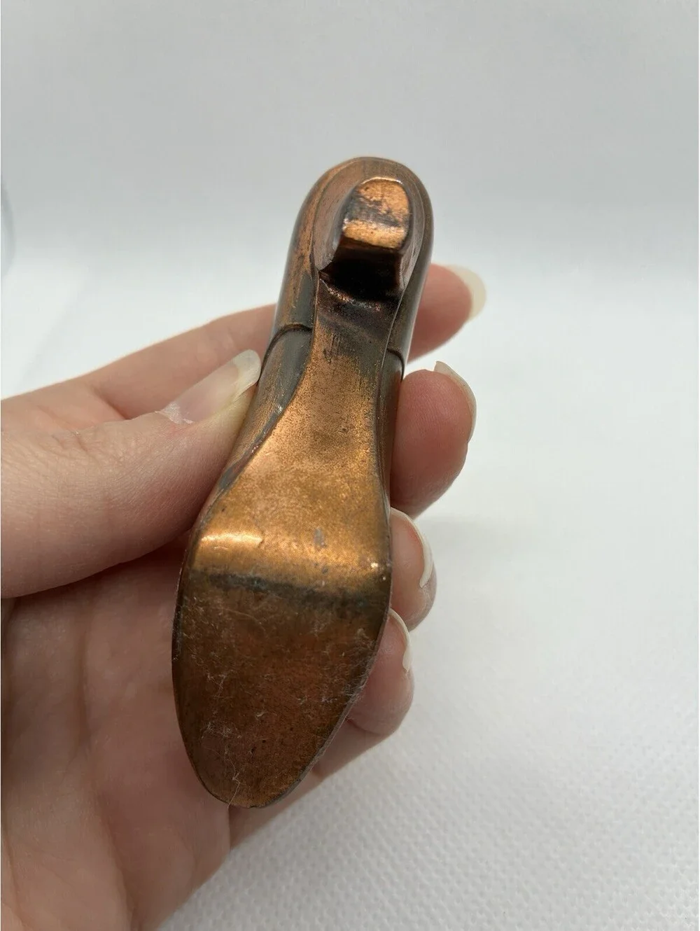 Antique Victorian Cast Metal High Heel Shoe Pin Cushion Red Velvet Bronze Finish